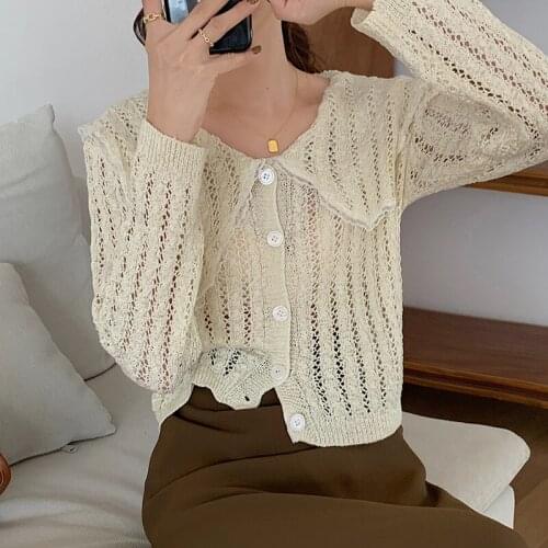 Autumn Long Sleeve Knitted Cardigans Women Hollow Out Lace Stitching Peter Pan Collar Knit Jacket Ladies Harajuku Cute Knitwear