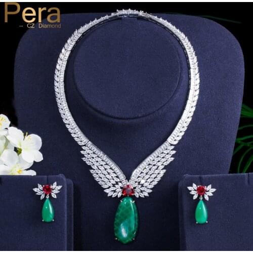 Pera Vintage Emerald Green Red CZ Stone Wedding Bridal Large Long Drop Necklace and Earring Sets for Elegant Women Jewelry J309