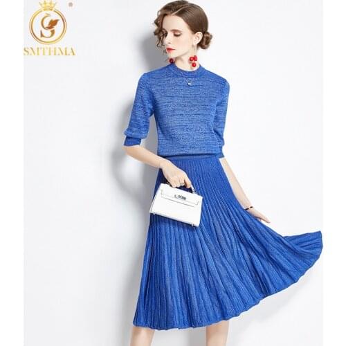 SMTHMA New Autumn Bright Silk Knitted Sweater Temperament Two Pieces Set + Lady Fashion Pleated Runway Skirt Suit