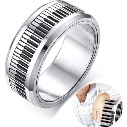 Stylish Mens Piano Player Band Spinner Ring in Stainless Steel Music Keyboard Enthusiast Male Jewelry anxiety fidget rings