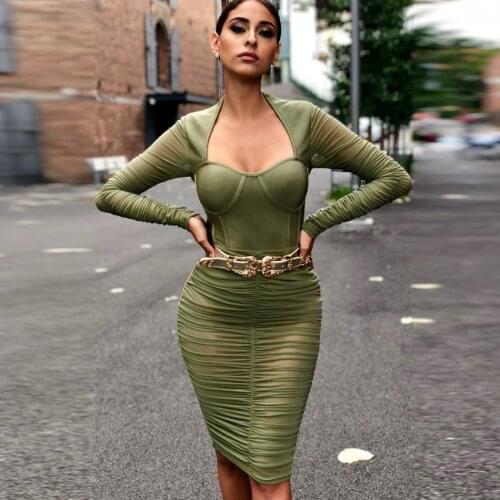Unique See Through Mesh Patchwork Ruched Bandage Dress Long Sleeve Bodysuit Special Vestidos Bodycon Mini Party Women Dress