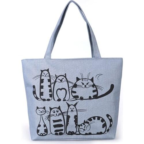 Women Cute Cartoon Cat Print Canvas Shoulder Bag Durable Zipper Casual Tote Shopping Handbag 42 x 32 x 9CM