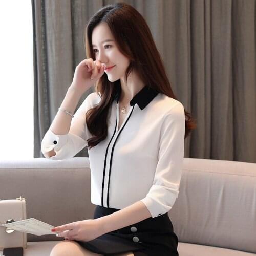 Womens long-sleeved blouses for autumn new style V-neck contrast tops Mid-length Han Fan pullover chiffon shirt