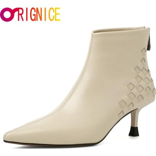 Orignice Hot Sale Women Ankle Boots Genuine Leather Zipper Thin High Heels Autumn Black Beige Fashion Pointed Toe Party Shoes