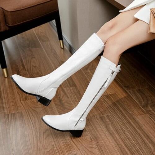 Black White Fashion Zipper Knee High Boots Comfortable Low Heel Women Boots Autumn Winter Woman Long Boots Big Size 33-46