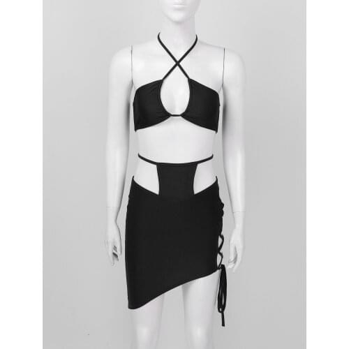 Women Two-Piece Suit Pole Dancing Party Clubwear Halter Keyhole Sleeveless Crop Top with Lace-Up Split Side Asymmetric Hem Skirt