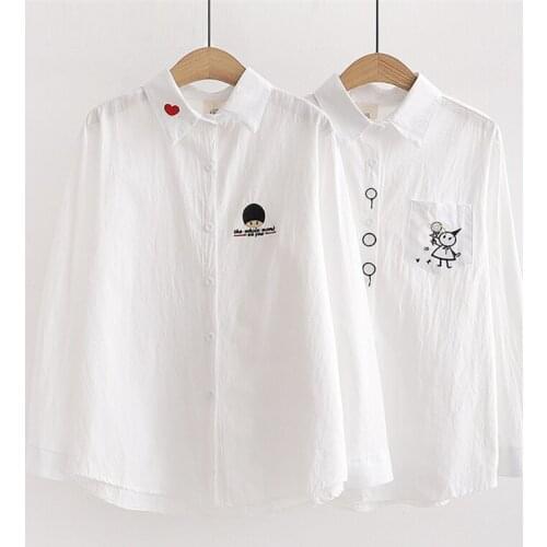 Womens Top And Blouses Cartoon Embroidery Harajuku Cotton Blouse 2021 Spring Sweet Girls Turndown Collar Shirt MERRY PRETTY