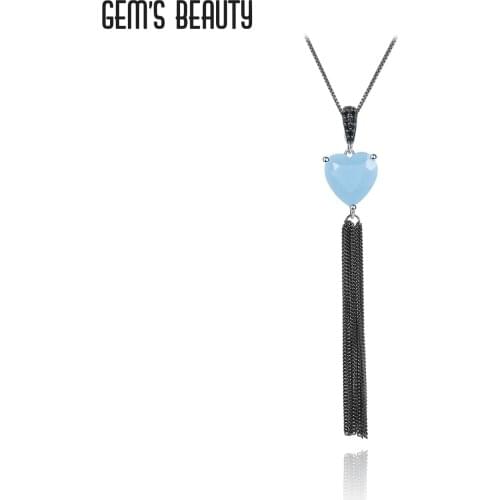 GEMS BEAUTY 925 Sterling Silver Heart Cut Natural Aqua-blue Calcedony Jewelry Necklace 2021 For Women Handmade Pendant Necklace