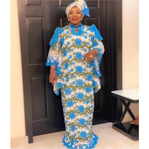 New Style Classic Design African Women Dance Nigeria Dashiki Net Cloth Lace Loose Long Dress and Underdress 2piece Free Size