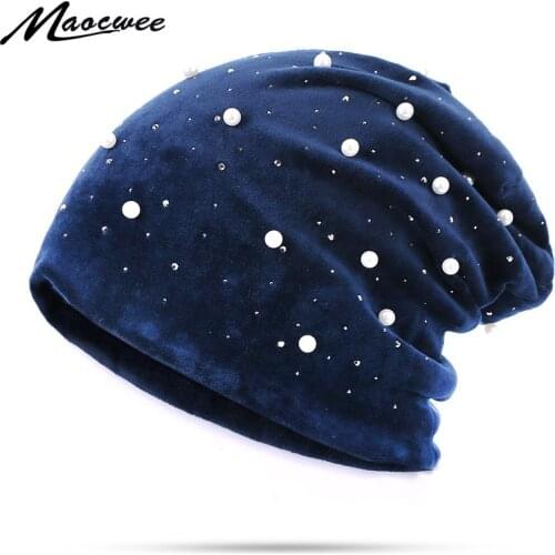 Winter Pearl Beanies Hat For Women Soft Warm Solid Color Girls Skullies Beanies Pearl Female HatFashion Velvet Baggy Slouch Hat