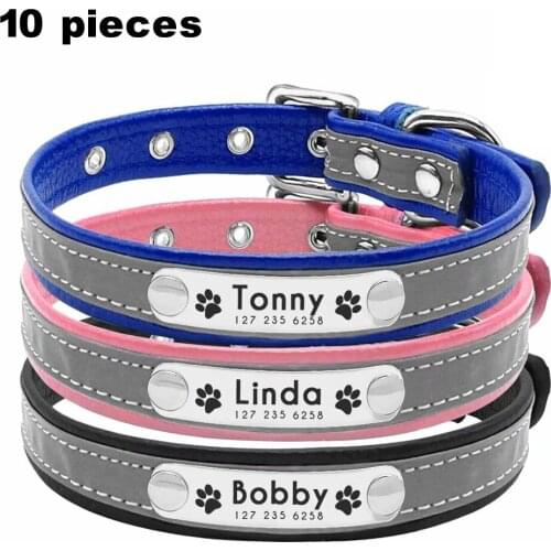 10 Pieces Personalized Dog Collar Reflective Leather ID Name Custom Engraved Puppy XS-L
