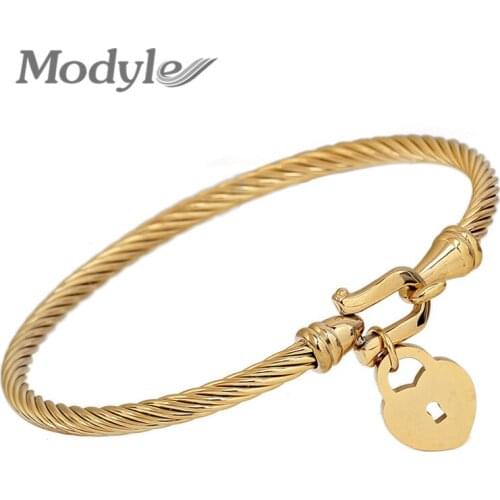 Modyle Top Quality Heart lock Love Fashion Jewelry Cuff Bracelets Bangles 316L Stainless Steel Bracelets For Women