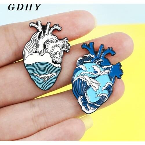 GDHY Human Heart brooch Blue Ocean Sea Wave Whale namel Pins Lapel pins Anatomical Heart Badge Medical Doctor Anatomy Jewelry