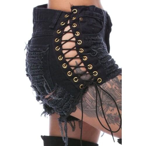 Plus Size Black Fashion Women Denim Shorts Sexy Side Eyelets Laced-up Pencil Shorts Back Ripped Tassel Details Skinny Short Pant