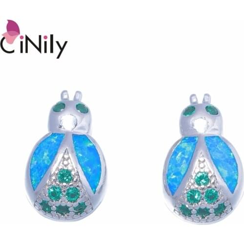 CiNily Created Blue Fire Opal Silver Plated Wholesale Lovely Cute Insect for Women Jewelry Stud Earrings 13mm OH4477