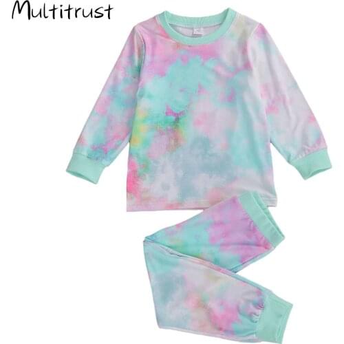 Kids Casual Suits Tie-Dye Round-Neck Long-Sleeves T-Shirt + Elastic Waistband Pants Outfits for Little Boy Girl 2-7 Years
