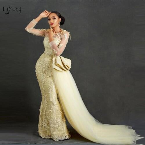 Elegant Yellow Floral Mermaid Prom Dresses With Tulle Wrap Skirt Lace Beaded See Thru Long Prom Gowns 3D Flower Party Dress