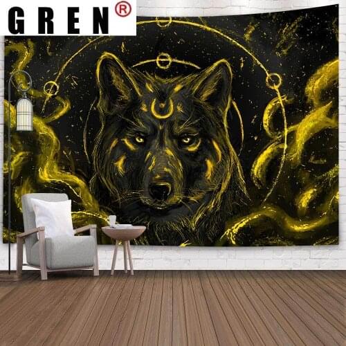 GREN Sexy Woman Tapestry Cartoon Wolf Totem Wall Hanging for Living Room Bedroom Home Dorm Backdrop Background Decor