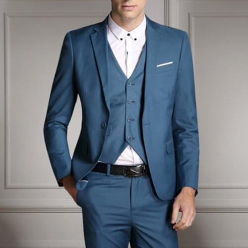 Tailor Made New Fashion Formal Groom For Wedding Dress Party Blue Mens Suit Handsome Business Casual Set Jacket Vest And Pants