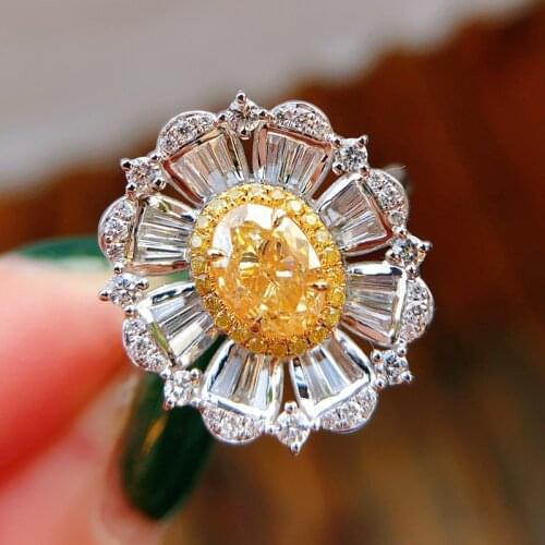 Dainty Oval Yellow Crystal Stone Ring White Zircon Flower Opening Rings For Women Wedding Jewelry Vintage Boho Silver Color Ring