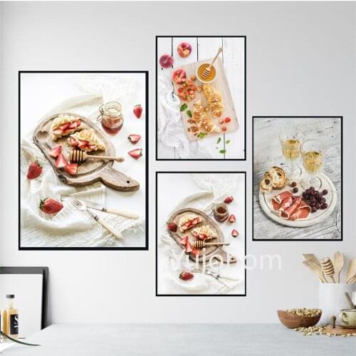 Canvas Paintings Wall Art Tasty Breakfast Strawberry Waffle Pictures Prints Fruit Slices Dessert Poster For Living Room Modular