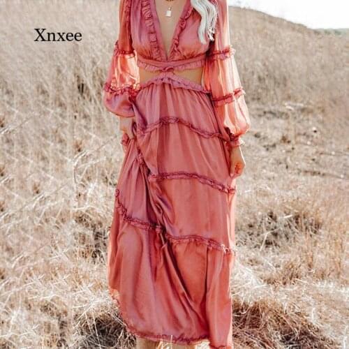 Summer Womens Black Dress V-Neck Powder Puff Long Sleeves High Waist Ankle Length Lace Patchwork Hollow Dress Women