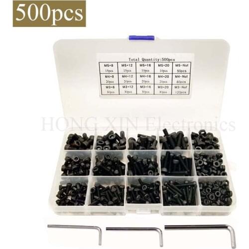 Black Carbon-Steel Cylinder Column Hex Hexagon Screw Set 500PCS/Set M3/M4/M5 Furniture Fastener Assorted Kit