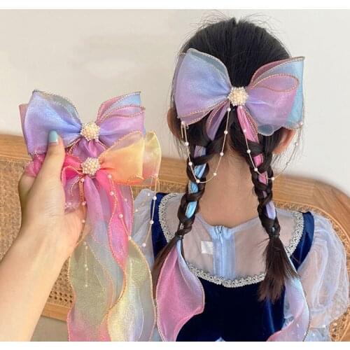 New Cute Colorful Chiffon Bow Chain Ribbon Hairpins For Girls Kids Sweet Hair Decorate Clips Headband Fashion Hair Accessories