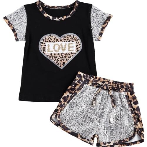 2021 2PCS NEW Newborn Kids Baby Girl Clothes Outfits Short Sleeve Sequin Love Shirt Tops Shorts Pants Valentines Day Set