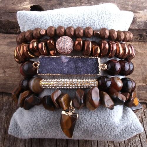 RH New Designer Boho Tiger Eye Stones Beaded Bracelet Natural Stone Charms 5pc Bracelets Sets For Women Jewelry Gift DropShip