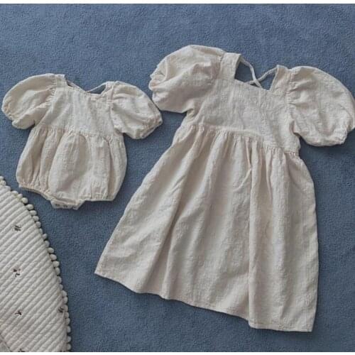 2021 Korea style girls puff sleeve dress fashion cotton linen summer girls dresses