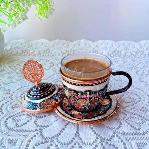 Zq Handmade Carved Painted Purple Copper Coffee Cup Tea Cup Sucrier Six-Person Suit