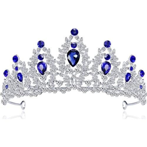 Luxury Wedding Tiara Women Headdress Queen Princess Headwear Bride Crown Blue Stone