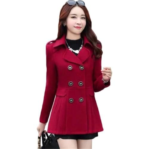 Middle-aged Womens Woolen Coat New Korean Solid Double breasted Jacket Slim Plus Size 3XL Female Blended Wool Coat Outerwear