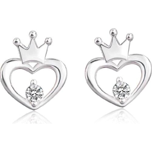 925 Solid Real Sterling Silver Crystal Crown Stud Earring For Women Wedding Gift Ear Pierced Earrings Fashion Jewelry A134