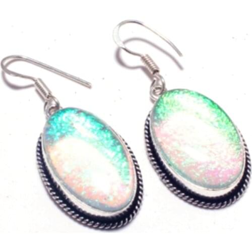 Genuine Dichroic Glass Silver Overlay on Copper Earrings , Hand made Women Jewelry Gift, E5406