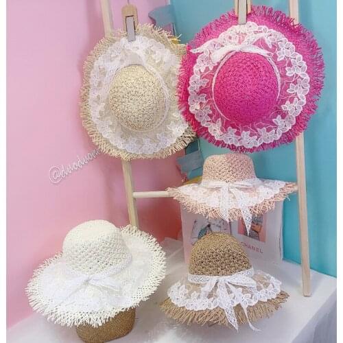 2021 Zomer Kinderen New Korean Style Lace Border Bowknot Childrens Straw Hat Casual Beach Hat Panama Straw Hat