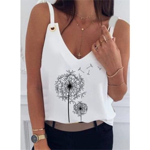 Summer Dandelion Sleeveless Sling Tops Women Sexy V-neck Sunflower Letter Pineapple Print Small Vest Top Woman White Tank Tops