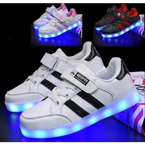 USB Charge LED Luminous Skateboard Shoes Kids Sneakers Fashion Leather Velcro Boy Girl Sport Trainers Casual Small White Shoes