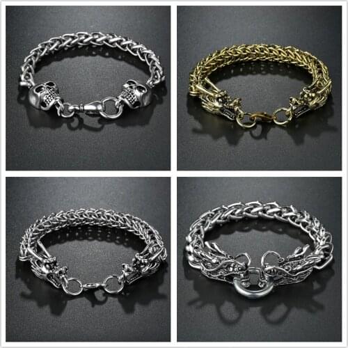 Vintage Bracelet Animal Dragon Skull Head Bangle Antique Twisted Pattern Carved Wristband Chain Jewelry for Men Women