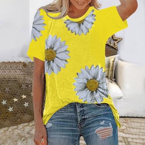 Flower Yellow Shirts Tops For Ladies Plus Size 2021 Summer Women Summer Tops O-neck Daisy Print Short Sleeve Shirts Tops Blouse