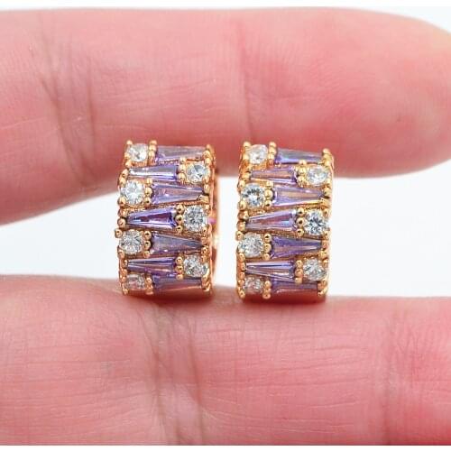 Gold Color Women Fashion Luxury Purple Cubic Zirconia CZ Hoop Huggie Earrings
