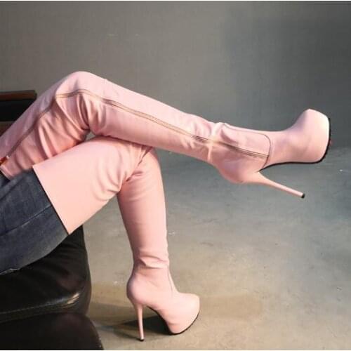 Dipsloot Pink Yellow Gold Matte Leather Platform Long Boots Woman Round Toe Thin Heels Thigh Boots Fashion Over The Knee Boots