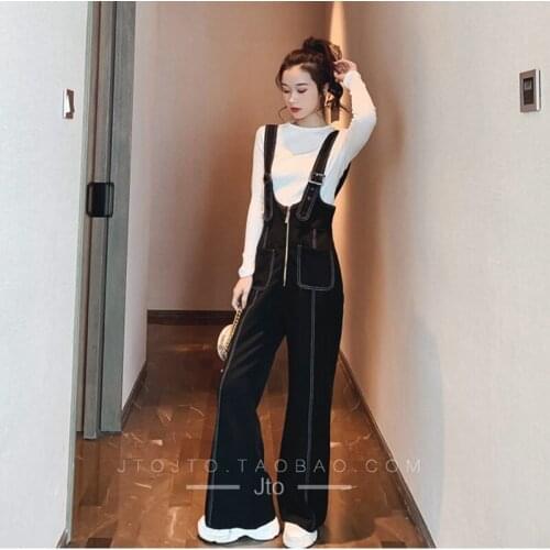 Womens Sets Two Piece 2019 Black Wide Leg Jumpsuit+White Sweater Tops Outfit Korean Style Office Lady Two Set Piece OS127
