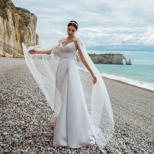 Robe Mariage Satin Beach Wedding Dresses with Shawl Slit Skirt Trouwjurk V-Neck Sukienka Na Wesele Sexy Vestidos Elegantes