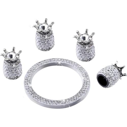 5pcs One-click Start Decorative Ring Diamond Crown Shaped Tire Valve Cap Set