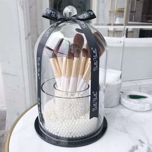 Noble Makeup Brush Storage Tube Cosmetic Rack Make Up Pen Holder Glass Cover Storage Box Acrylic Base for Home Dressing Table