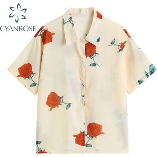 Vintage Floral Print Blouse Women 2021 Summer Spring Cardigan Short Sleeve Retro Shirt Female Streetwear Holiday Leisure Blusas