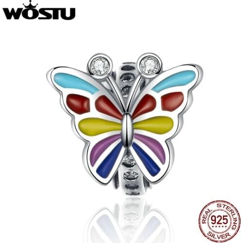 WOSTU Decorative Butterfly Beads 925 Sterling Silver Multi-Color Enamel Silicon Charm Fit Original Bracelet DIY Jewelry CQC1195