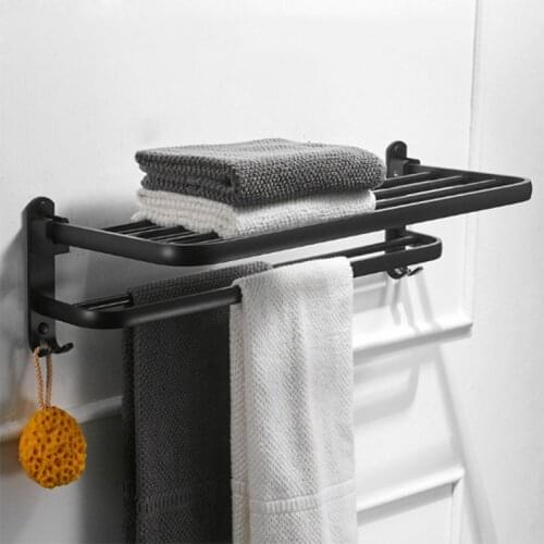 Towel Holder Punch-Free Bathroom Accessories Folding Hook Storage Shower Rack Matte Black Aluminum Hanger Wall-Mounted Shelves